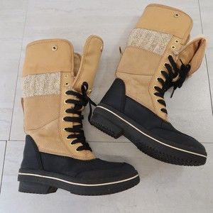 Madden Girl Womens Sz 5 Crystal Fold Over Fur Lined Boots Lace Tie Up Tan